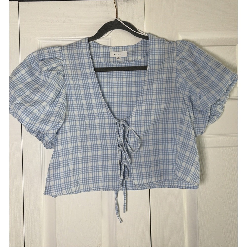 Mable Plaid Puff Sleeve Tie Front Crop Top Womens Size S Blue Coquette Prairie